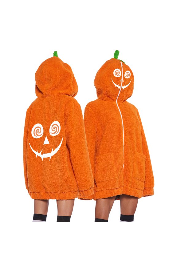 Swirl Face Holiday Sweatshirt, Plush Fuzzy Pumpkin Hooded Zip Coat, Thick Coral Fleece Oversized Halloween Jacket With Jack O Print, Swirl Spiral Eye Jagged Grin Warm Cosplay Outerwear, Light Green M