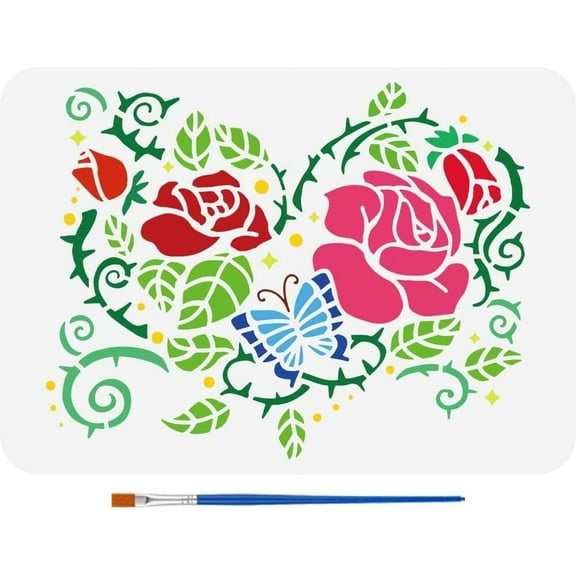 Swirl Heart of Roses Stencil 11.7x8.3 Inch Rose Stencil with a Paint Brush Heart Shape Flower Painting Stencil Valentines Day Themes Floral Drawing Templates for Wall Tiles Floor Paper White