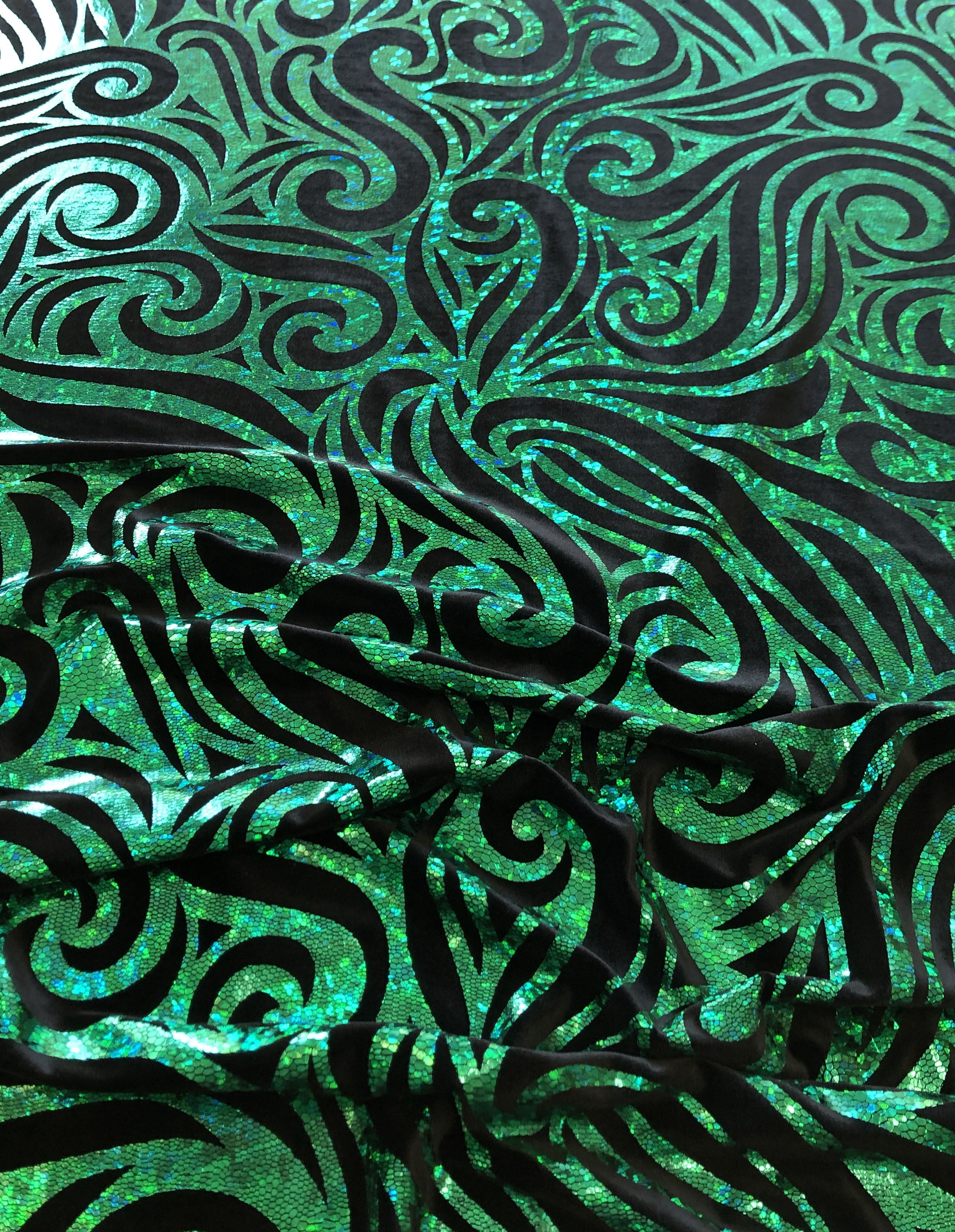 Swirl Hologram Snake Design Foil on Polyester Spandex Velvet Fabric by The Yard or Bolt (Black/Green)