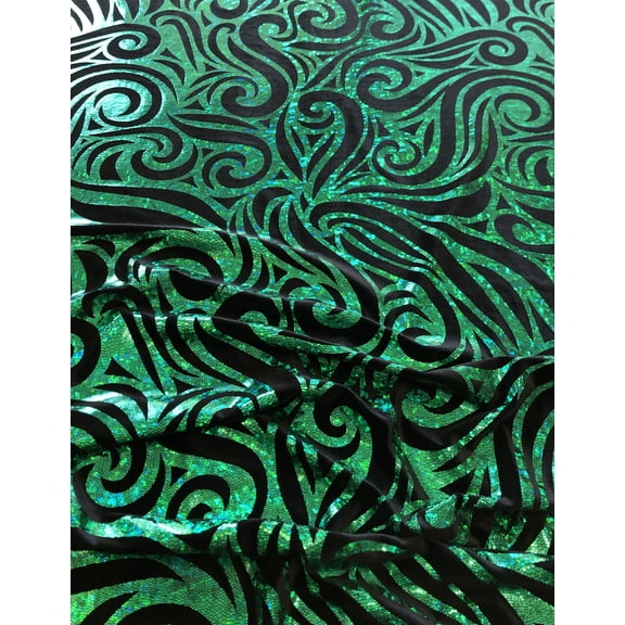 Swirl Hologram Snake Design Foil on Polyester Spandex Velvet Fabric by The Yard or Bolt (Black/Green)
