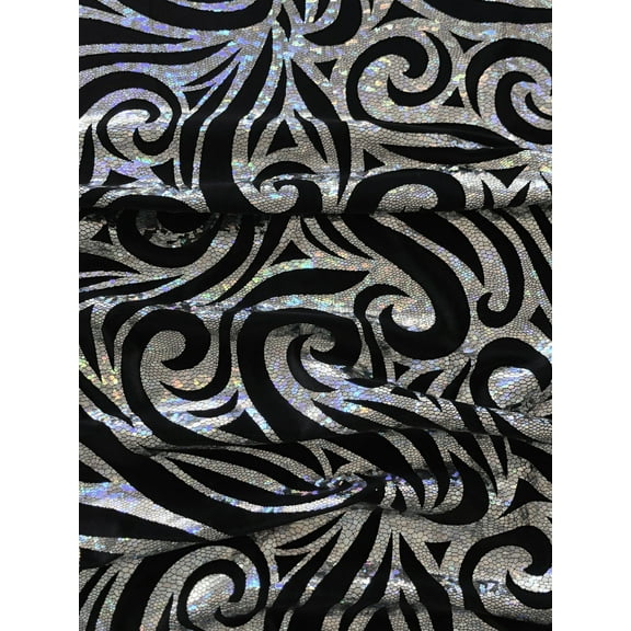 Swirl Hologram Snake Design Foil on Polyester Spandex Velvet Fabric by the Yard (Black/Silver)