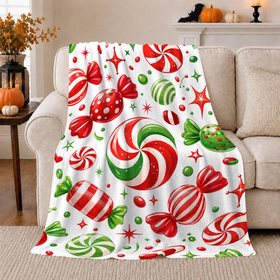 Swirl Lollipops with Wrapped Candies, Festive Painted Style for Holiday Lovers, Cozy Christmas Candy Scene, Flannel Blanket for Family Room and Kitchen, Christmas Gift and Sweet Home Decor