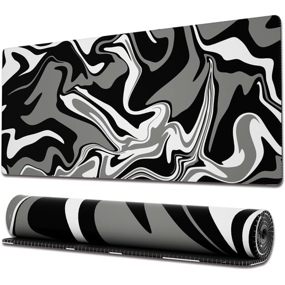 Swirl Marble Gaming Mouse Pad - Extended XL Mousepad, Anti-Slip Base, Cool Large Mouse Pad for Desk, 31.5x11.8 Inch, Black, Non-Slip Stitched Edges