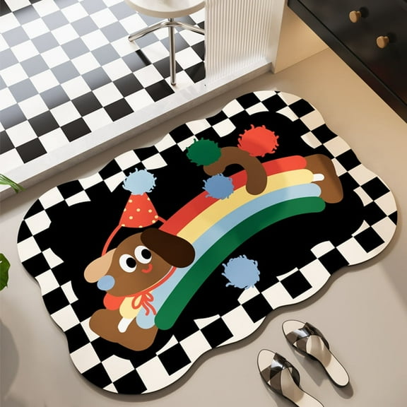 Rainbow Dog Welcome Door Mat 24"x36" Plaid Checkered Front Porch Rug for Bathroom Kitchen Farmhouse Entryway Decor