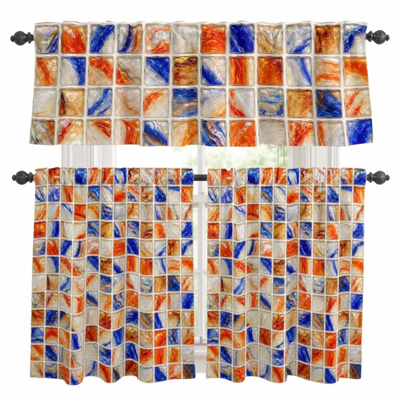 Swirl Mosaic Kitchen Curtains and Valances Set, Vintage Orange Blue Swirls Squares Grid Gingham 3 Piece Curtains Valances and Tiers Set Rod Pocket for Kitchen Bathroom Windows 36 Inch