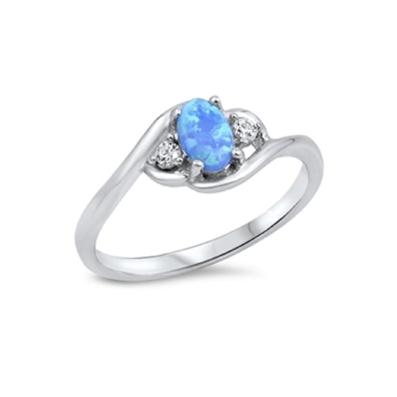 Swirl Oval Blue Simulated Opal Cubic Zirconia Ring Sterling Silver 925