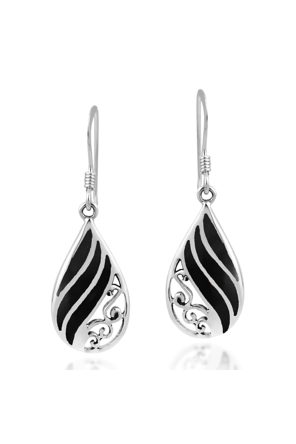 Swirl Rainbow Teardrop Black Onyx Sterling Silver Dangle Earings