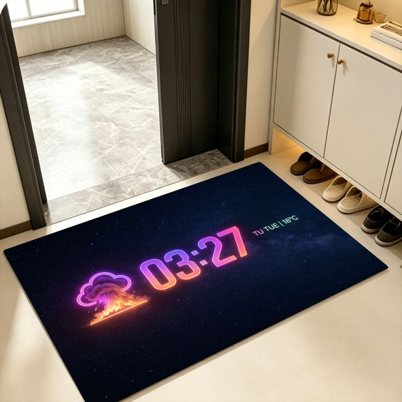 Swirl Star Nebula Gradient Line Minimal HUD Neon Clock Tue Celsius Explosion Cloud Doormat, Kitchen Bedroom Entry Rug, Halloween Soft Cosmic Thunder Storm Gradient Star Neon Decor Gift