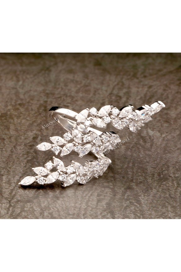 Swirl Style Diamond Ring, Leafy Diamond Band, Open Cuff Diamond Ring, Split Shank Bypass Diamond Engagement Ring, 2.4 Ct Simulated Diamond, 925 Sterling Silver