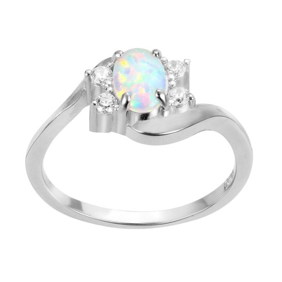 Swirl Tension Oval White Simulated Opal Ring Sterling Silver Size 10