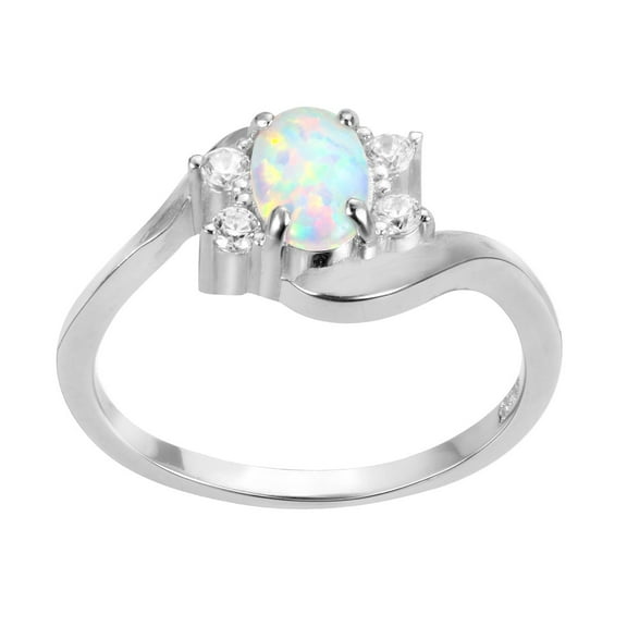 Swirl Tension Oval White Simulated Opal Ring Sterling Silver Size 3