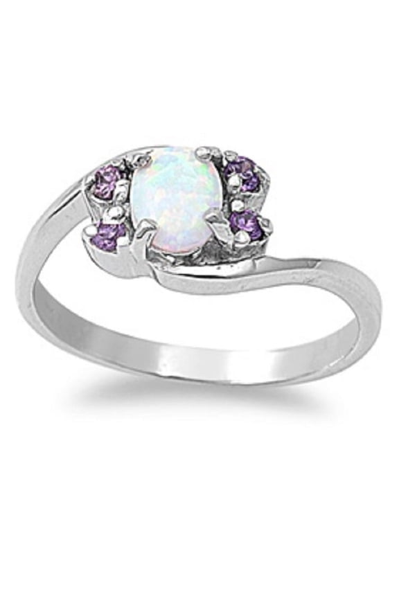 Swirl Tension Round Center Simulated Amethyst Cubic Zirconia White Simulated Opal Ring Sterling Silver Size 10
