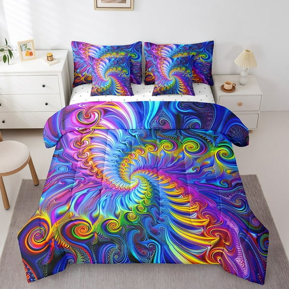 Swirl Tie Dye Full Size Comforter Set - 7 Piece Exotic Ombre Ink Fluid Art Bedding Comforter Set,Watercolor Trippy Spiral Bed in a Bag with 1 Comforter,1 Flat Sheet,1 Fitted Sheet