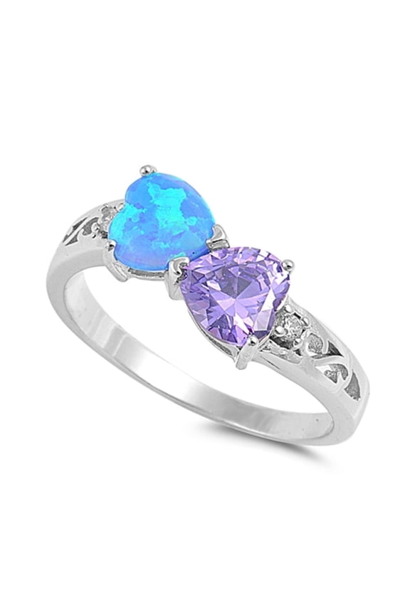 Swirl Two Infinity Hearts Blue Simulated Opal Simulated Amethyst Cubic Zirconia Ring Sterling Silver Size 6