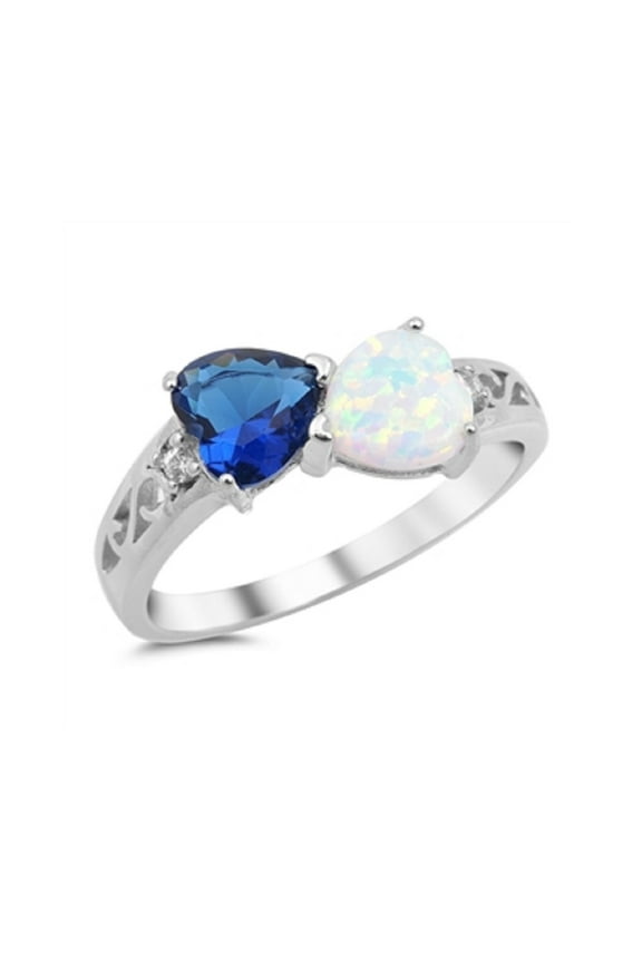Swirl Two Infinity Hearts White Simulated Opal Blue Simulated Sapphire Cubic Zirconia Ring Sterling Silver Size 4