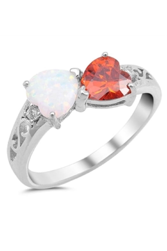 Swirl Two Infinity Hearts White Simulated Opal Simulated Garnet Cubic Zirconia Ring Sterling Silver Size 7