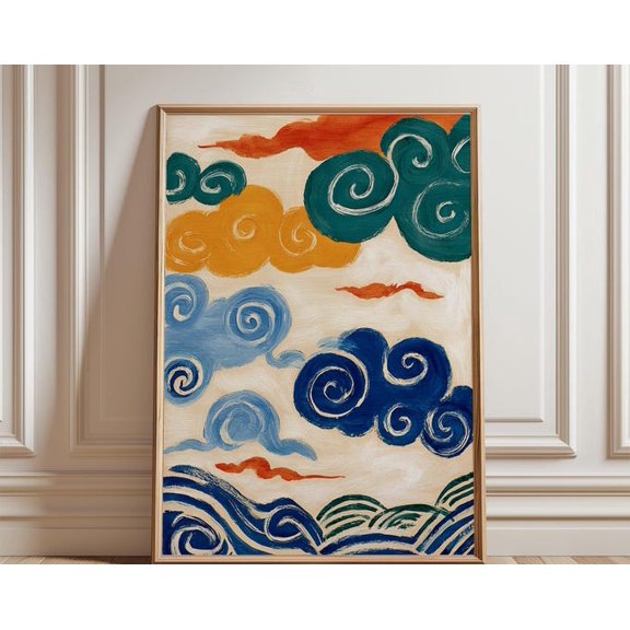 Swirling Abstract Clouds Colorful Hand Painted Vertical Sky Nature Wall Art, Unframed Paper Poster 8x10in