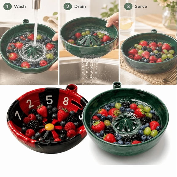 Swirling Berry Bowl, Self Spinning Berry Washing Bowl with vortex function, ceramic craft bowl for kitchen fruit and vegetable rinsing A