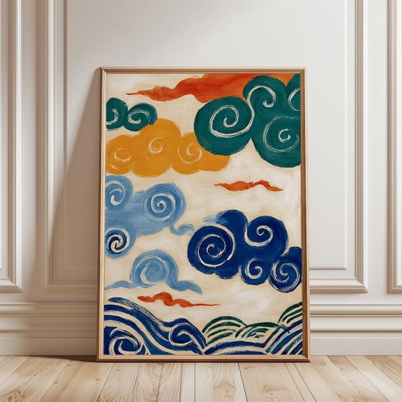 Swirling Clouds Poster, Colorful Hand Painted Sky Art