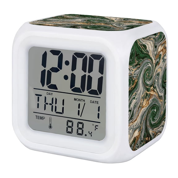 Swirling Emerald Bands Alarm Clock, Abstract Liquid Gold Green Beige Ripple Digital Clock Night Light with 7 Color, Calendar Temperature Display, LED Desk Small Clock for Bedrooms Bedside Living Room
