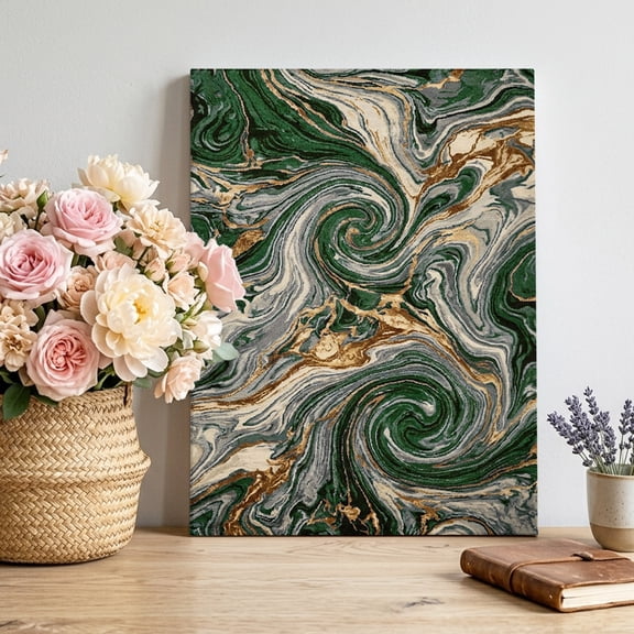 Swirling Emerald Bands Canvas Wall Art, Abstract Liquid Gold Green Beige Ripple Framed Canvas Wall Decor Picture Print Artwork Decorations for Living Room Office Ready to Hang 24" x 20"