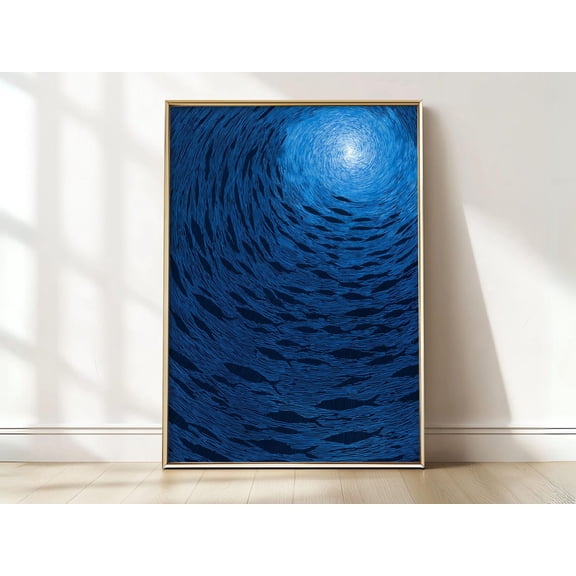Swirling Fish Art Deep Blue Ocean Nautical Coastal Decor, Unframed Paper Print