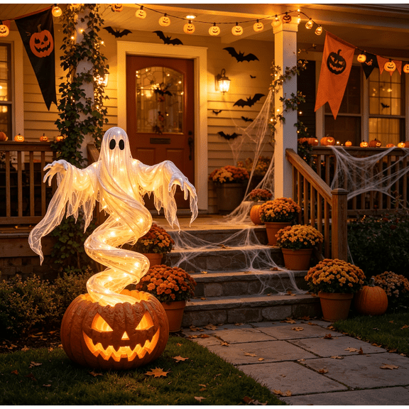 Swirling Ghost Pumpkin Yard Lamp, 2026 New Halloween Outdoor Decor, Translucent Fabric Floating Ghost Sculpture, Warm LED Lighted Statue for Lawn & Front Porch