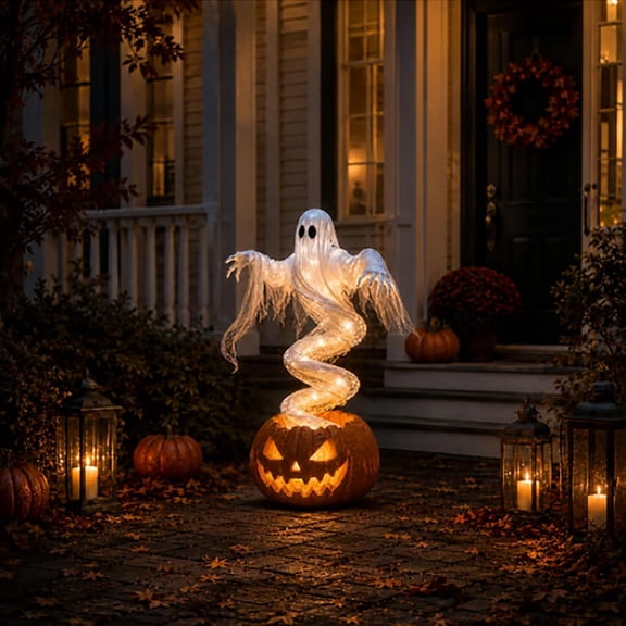 Swirling Ghost Pumpkin Yard Lamp,7.87 inch Halloween Lighted Spooky Ghost Statue,Warm LED Outdoor Porch Pathway Decor, Fall Garden Lawn Holiday Ornament Swirling Ghost Pumpkin Yard Light Decoration
