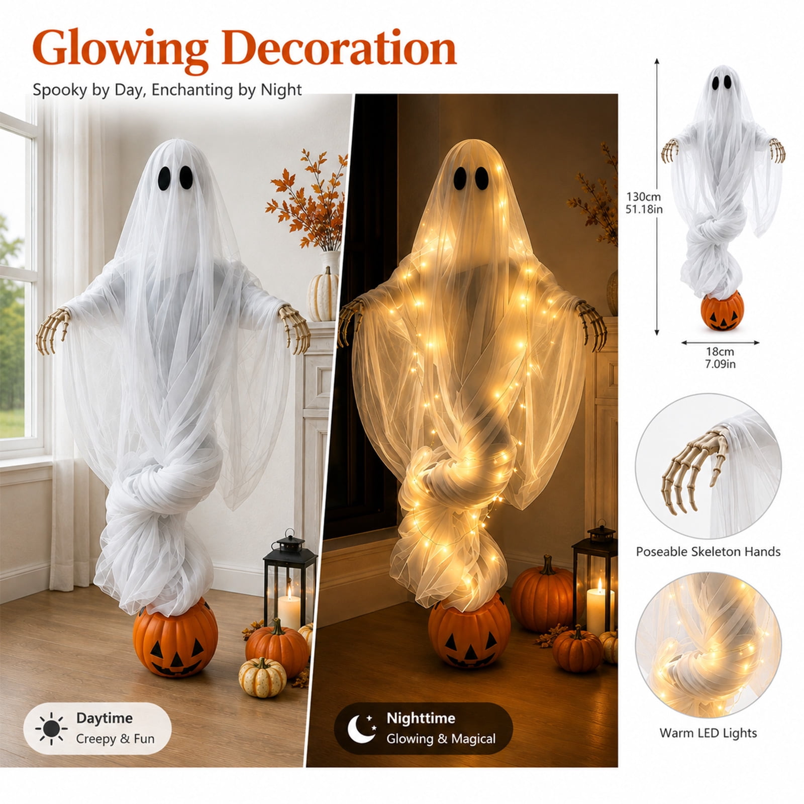 Swirling Ghost Pumpkin Yard Lamp, Halloween Yard Sculpture LED Glowing Floating Ghost Pumpkin Light, Halloween Outdoor Lawn Front Entrance Decor