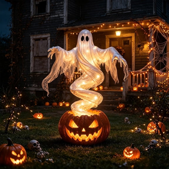 Swirling Ghost Pumpkin Yard Lamp, Lighted Spooky Ghost Statue, Warm LED Halloween Decorations Outdoor, Fall Autumn Garden Lawn Porch Pathway Ornament for Halloween Party Decoration