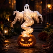 Swirling Ghost Pumpkin Yard Lamp, Spooky Halloween Outdoor Decoration, Lighted Garden Stake, Vintage Design, Unique Halloween Fusion, Cute Holiday Decor, for Porch Tree Party