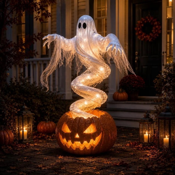 Swirling Ghost Pumpkin Yard Lamp, Translucent Fabric LED Glowing Floating Ghost Pumpkin Light, Halloween Outdoor Lawn Front Entrance Decor