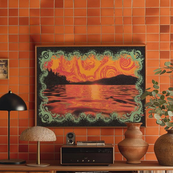 Swirling Lakeside Sunset Art Print Vibrant Orange And Red Landscape, Unframed Paper Print