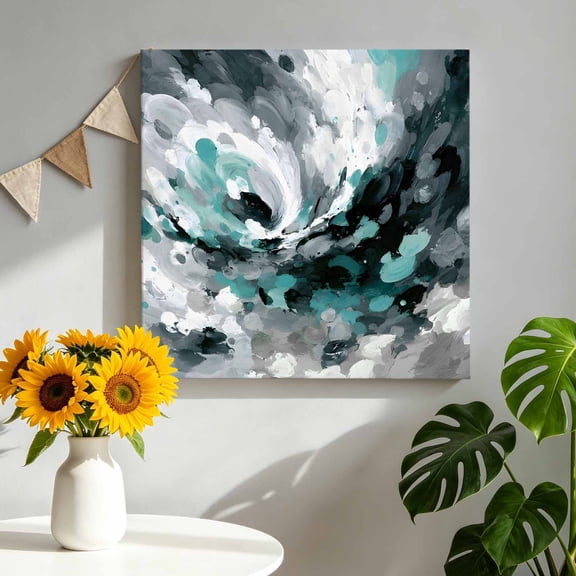 Swirling Ocean Wave Canvas Wall Art for Living Room, Nautical Teal Black White Ocean Wave Poster Print Painting for Bedroom Office Home Decoration Wall Pictures Prepare To Hang 8"x8"