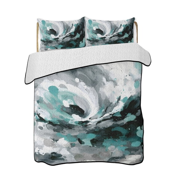 Swirling Ocean Wave Quilts Bedding Set Queen Size Nautical Teal Black White Ocean Wave Lightweight Quilted Bedspread 3 Piece Bed Quilt with 2 Pillow Shams All Season for Bedroom 78" x 90"