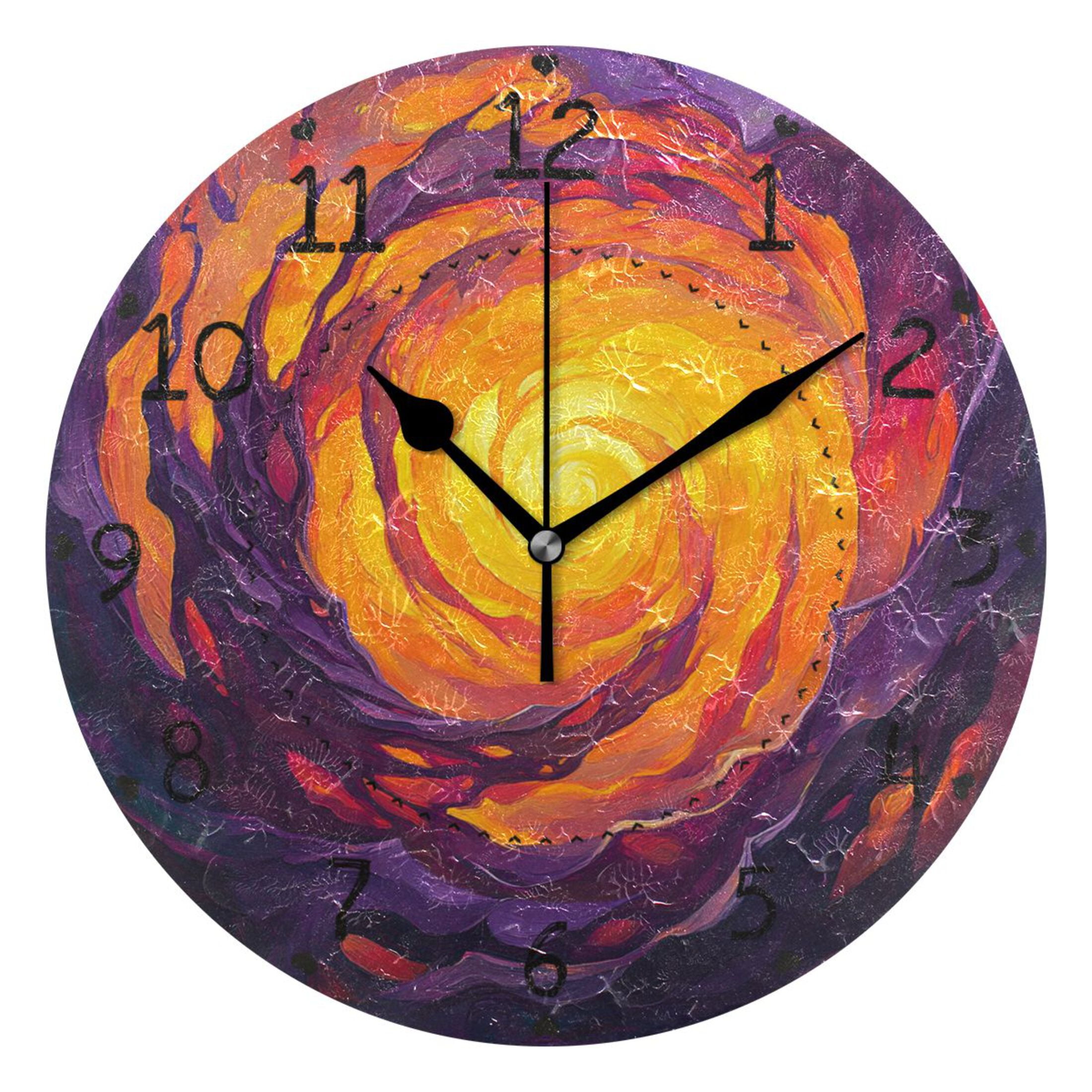 Swirling Orange and Purple Round Wall Clock Silent Battery Operated ...