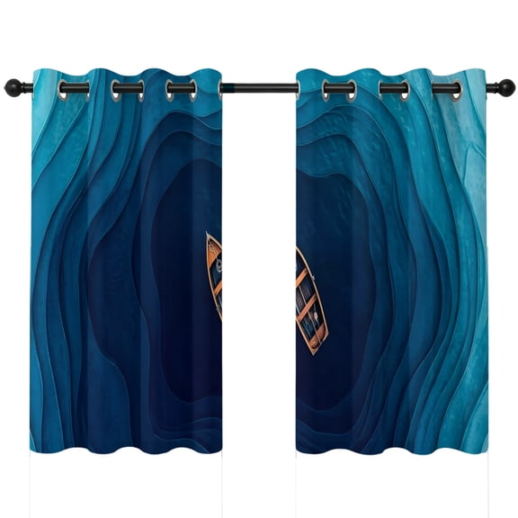 Swirling Vortex Blackout Curtains 45 Inches Long, Coastal Orange Lone Boat Navy Blue Deep Ocean Thermal Insulated Room Darkening Drapes with Grommets for Living Room 52"W x 45"L, 2 Panels