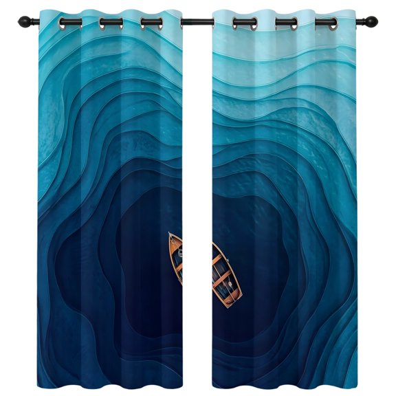 Swirling Vortex Blackout Curtains 96 Inches Long, Coastal Orange Lone Boat Navy Blue Deep Ocean Thermal Insulated Room Darkening Drapes with Grommets for Living Room 52"W x 96"L, 2 Panels