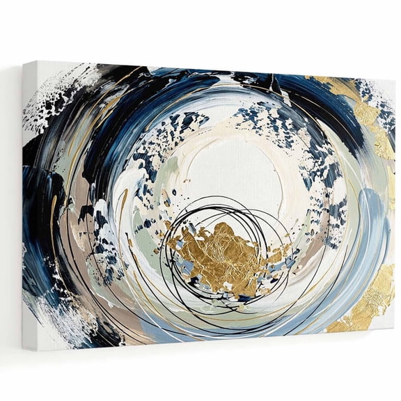 Swirling Vortex Canvas Wall Art, Abstract Gold Foil Flakes Blue Ink Splatters Wall Art Prints Artwork Framed Canvas Ready to Hang Art Pictures for Bathroom, Dressing Table, Entryway 12" x 8"