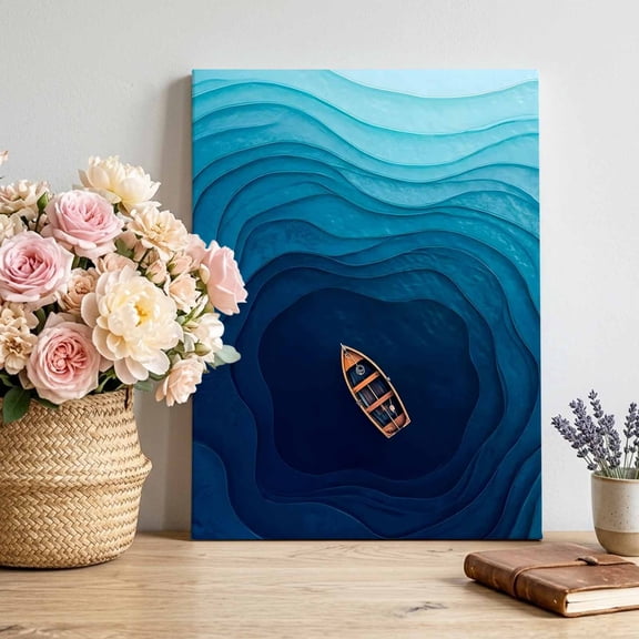 Swirling Vortex Canvas Wall Art, Coastal Orange Lone Boat Navy Blue Deep Ocean Framed Canvas Wall Decor Picture Print Artwork Decorations for Living Room Office Ready to Hang 10" x 8"