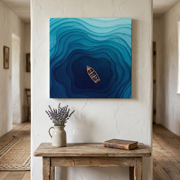 Swirling Vortex Canvas Wall Art for Living Room Bedroom Bathroom, Coastal Orange Lone Boat Navy Blue Deep Ocean Canvas Art Wall Decor, Artwork for Walls Home Office Decor, 8"x8"