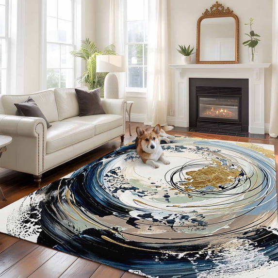 Swirling Vortex Washable Area Rug 5x7 Abstract Gold Foil Flakes Blue ...