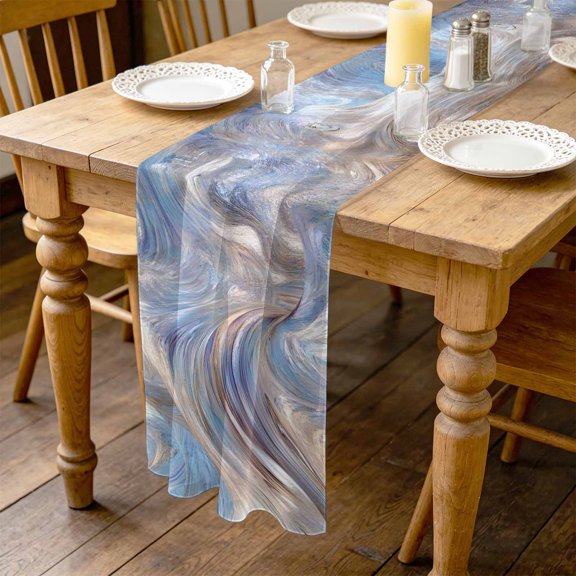 Swirling Wave 4.5ft Cheesecloth Table Runner for Wedding 19"x55", Abstract Minimalist Blue Silver Marble Texture Kitchen Dinner Sheer Tulle Chiffon Dresser Scarf, Holiday Party Decorations
