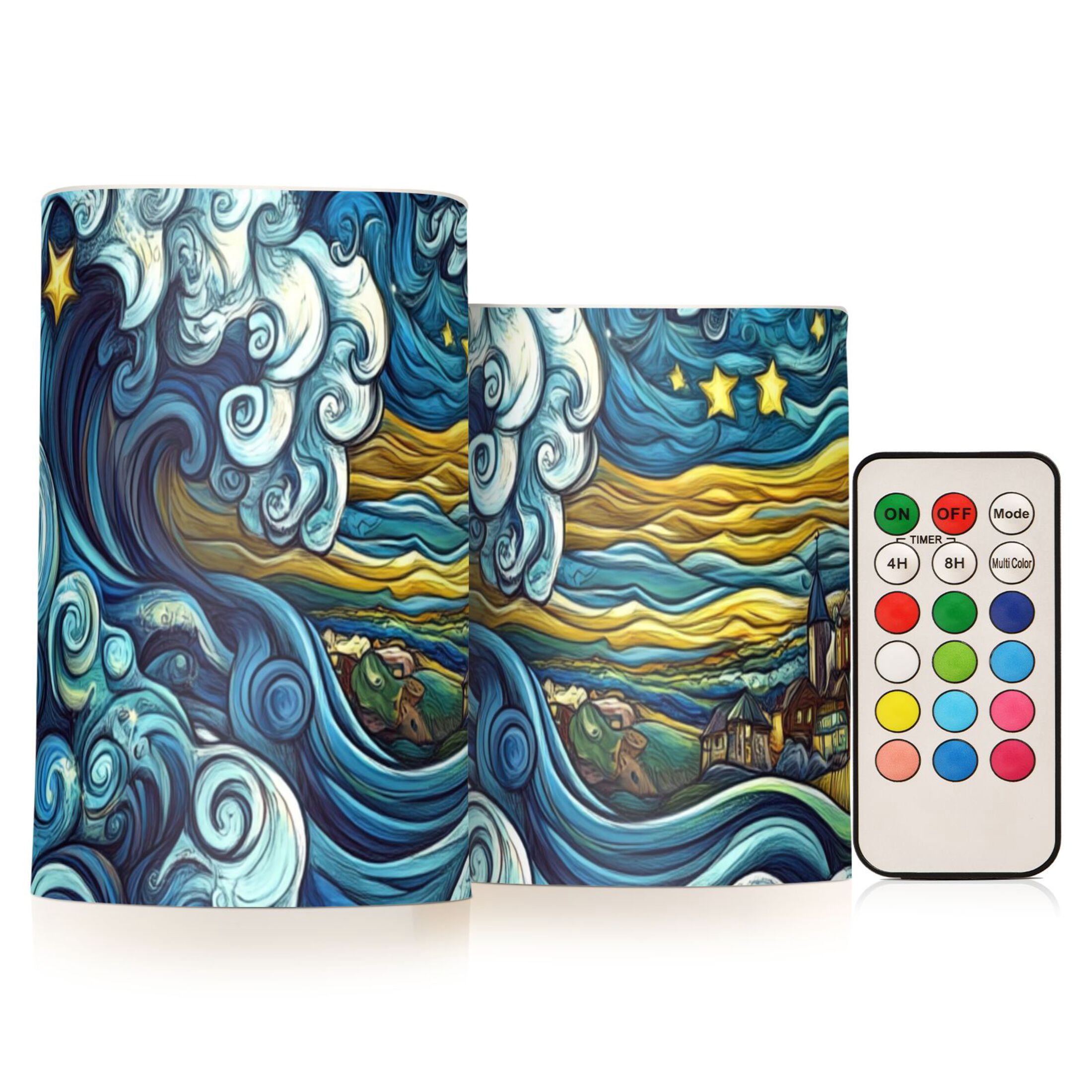 Swirling Waves and Stars Flickering Flameless Candles Battery Operated with Remote Timer LED Pillar Candles Set of 2