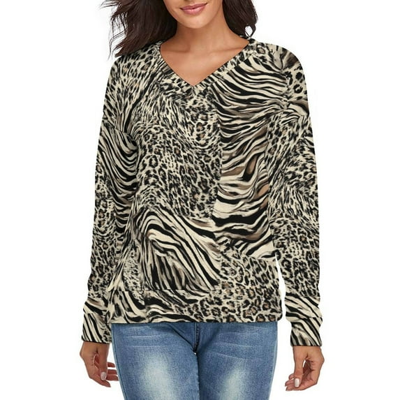 Swirling Zebra Leopard Animal Print V-neck Sweater Winter Clothes Long Sleeve Knitwear Sweater Women's Pullover