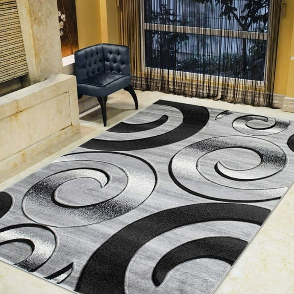 Swirls/Circles/Spiral Modern Abstract Contemporary Hand Carved Area Rug-Silver/Gray/Black