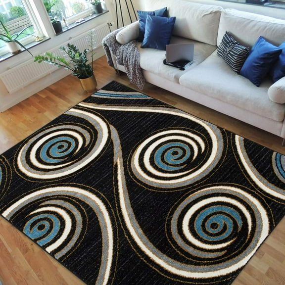 Swirls Pattern Peacock Design Area Rug Black/Blue/White/Yellow