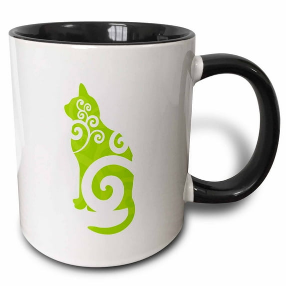 3drose, Swirly Cat Silhouette Green, 11oz Two-tone Black Mug