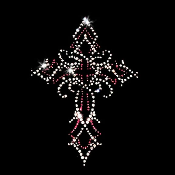 Swirly Cross Sparkly Bling Christian Clear and Pink Iron-on Rhinestone Crystals Heat Transfer by JCS Rhinestones
