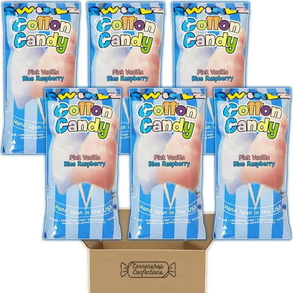 Swirlz Cotton Candy Bulk Pack - Pink Vanilla and Blue Raspberry - 6 Individually Sealed 3.1 Ounce Bags - Gluten Free, Fat Free, Sodium Free - For Snacks, Movies in Cornershop Confections Pack